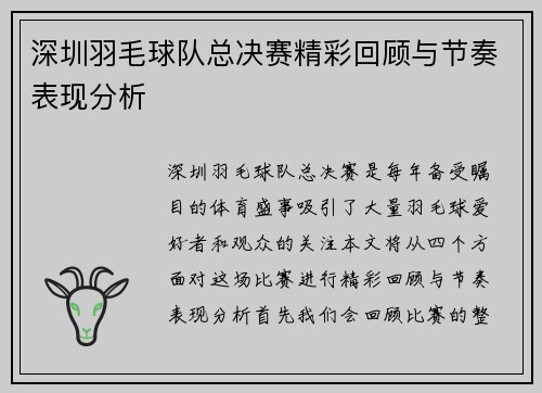 深圳羽毛球队总决赛精彩回顾与节奏表现分析